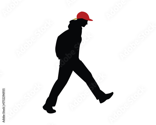 Silhouette of a young man walking forward wearing a hoodie and a red cap, isolated on white background, concept of urban lifestyle and motion