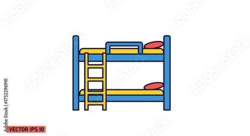 Colorful cartoon bunk bed with ladder and pillows.