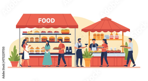 Diverse people enjoying food at outdoor market stalls with fresh produce and prepared meals.