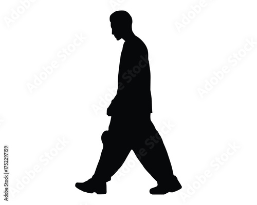Silhouette of a man walking in profile view, wearing casual clothes, isolated on white background, representing motion and everyday activity
