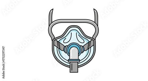 A colored line art illustration of a medical full-face breathing mask with headgear.