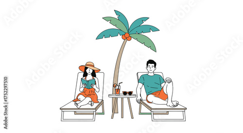A hand-drawn illustration of a couple relaxing on sun loungers under a palm tree during a tropical vacation.