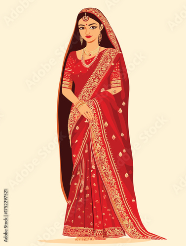 flat vector of Bengali bride wearing red Banarasi saree, mukut on head, alta on hands and feet