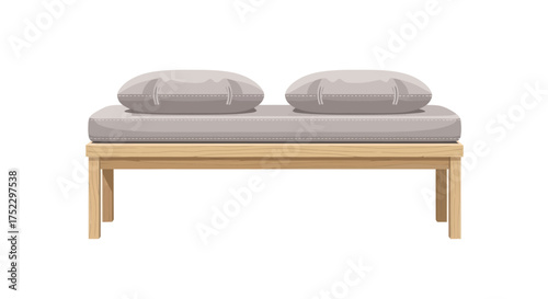 Modern Light Wooden Bench with Two Soft Grey Cushions.