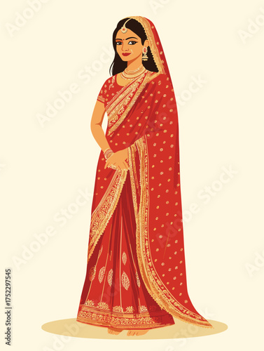 flat vector of Bengali bride wearing red Banarasi saree, mukut on head, alta on hands and feet