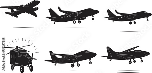 Airplane silhouettes, military jet icons, helicopter illustration, aviation transport design, flying aircraft symbols, commercial plane graphics, minimal black flight shapes