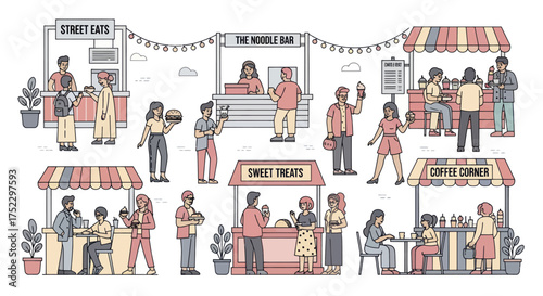 Illustration of a Busy Street Food Market with Various Stalls and People.