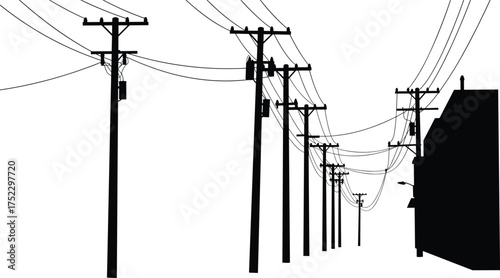 Silhouette utility poles, electrical transformers, crossarms with insulators, power lines, electricity distribution, urban infrastructure, energy grid, industrial design, black background illustration