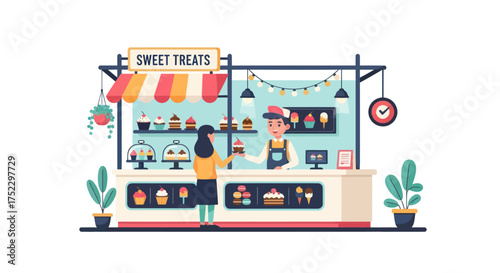 Colorful Sweet Treats Shop with Customer and Vendor.