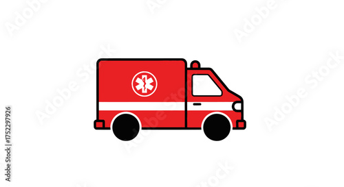 Red ambulance vehicle with white stripe and medical symbol.
