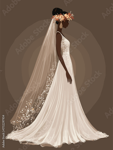 flat vector of African bride in ivory mermaid gown with tribal-inspired veil, twist-out hair with floral crown