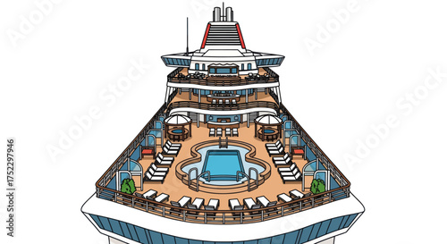 A detailed illustration of a modern cruise ships top deck featuring a swimming pool sun loungers and cabanas.
