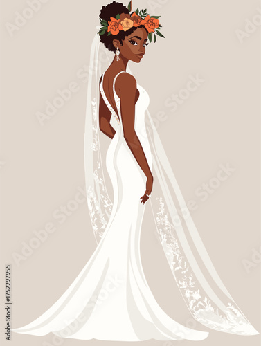 flat vector of African bride in ivory mermaid gown with tribal-inspired veil, twist-out hair with floral crown