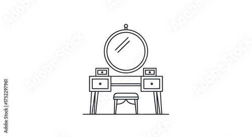 Elegant Outline of a Vanity Table with Mirror and Stool.