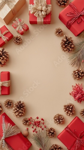 Festive Arrangement of Red Gifts and Natural Decorations for Holiday Celebrat...