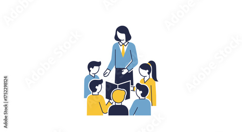 Vector illustration of a female teacher reading a book to a group of young students.