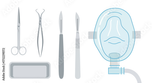 Set of realistic medical equipment for surgery including scissors scalpels forceps and an anesthesia mask.