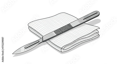 Medical Scalpel with Sharp Blade Resting on Sterile Gauze Pads Illustration.