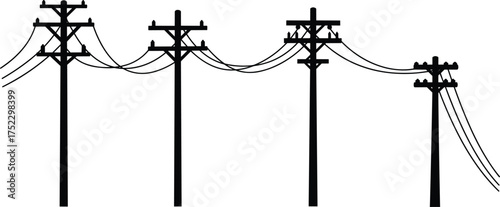 Silhouette utility poles, power lines, crossarms with insulators, electricity distribution, urban infrastructure, energy grid, industrial design, electrical system, black background illustration
