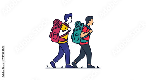 Two Hikers Walking with Backpacks Outdoor Adventure Illustration.
