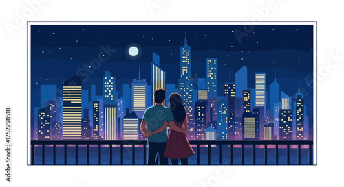 Couple Admiring Illuminated City Skyline Under Moonlit Night.