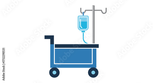 Blue Medical Cart with IV Bag and Drip Stand.