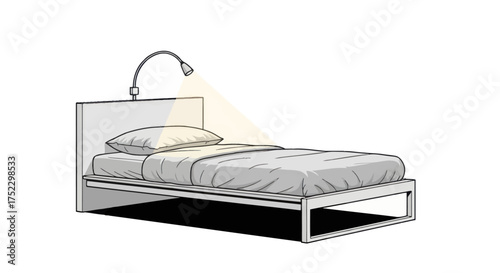 A minimalist hand-drawn illustration of a single bed with an illuminated reading lamp.
