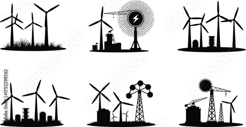 Black and white silhouette illustration of wind turbines, renewable energy, industrial infrastructure, urban cityscape, sustainable power, clean electricity, green technology