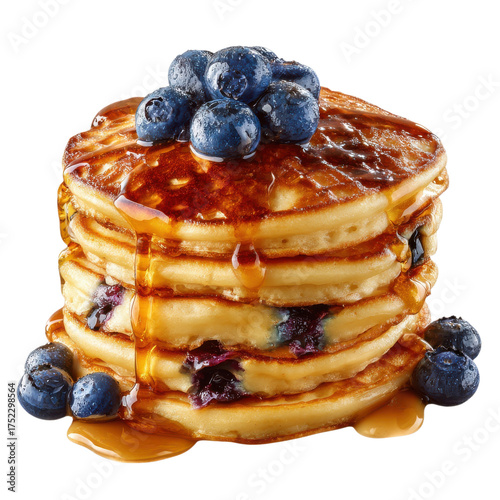 Stack of blueberry pancakes with syrup dripping down the sides on a transparent background isolated