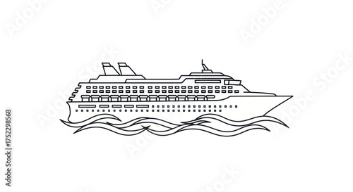 Detailed Line Drawing of a Large Passenger Cruise Ship Sailing on Waves.