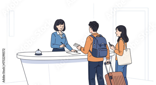 Young tourist couple with backpack and luggage at a hotel reception for check-in.