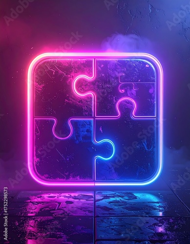 A neon-lit puzzle icon glows against a cosmic backdrop