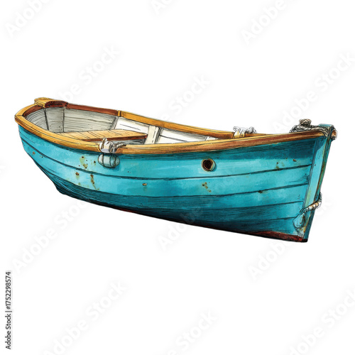 A slightly angled view of a small blue rowboat with rope and wooden accents