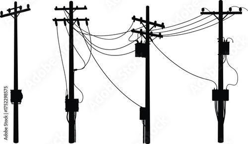 Utility poles silhouette, electrical components detail, black and white photography, urban infrastructure art, power distribution system, industrial geometry, city grid, connectivity design