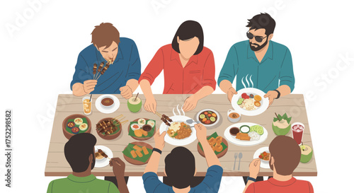 Group of Friends Enjoying a Meal Together at a Restaurant Table.