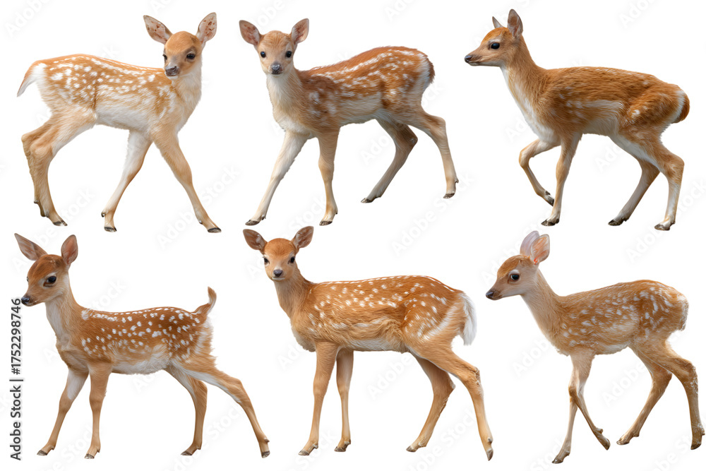 Obraz premium Young Deer Montage: A charming montage showcases a variety of young deer, each gracefully captured in different poses, highlighting their elegant forms and endearing spots.