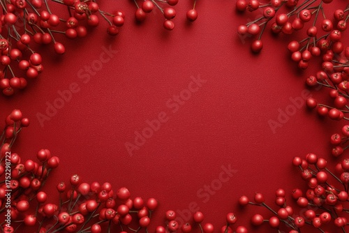 Bright Red Berries and Twigs Create a Festive Border on Vibrant Red Background