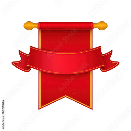 Decorative vintage red banner with golden frame and blank ribbon isolated