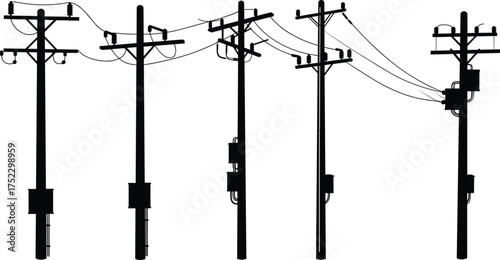 Utility poles silhouette, electrical components detail, black and white photography, urban infrastructure art, power distribution system, industrial geometry, city grid, connectivity design