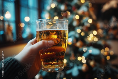 Cheers With a Glass of Beer Near a Festive Christmas Tree in a Cozy Setting