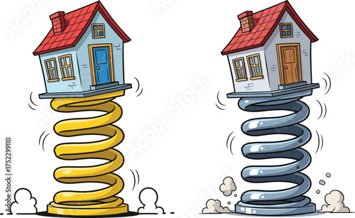 Cartoon houses bouncing on springs, whimsical architecture concept, playful motion illustration, fantasy home design, mechanical support, imaginative cartoon scene