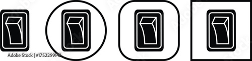 Black switch button icon set, electric toggle collection, power control symbol group, on off rocker outline and flat design, electrical switch vector pack in line style