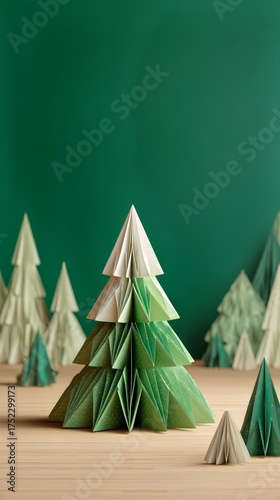 Origami Paper Trees in Various Shades of Green on a Wooden Surface With a Sol...