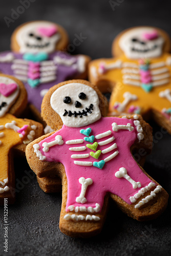 Close-up of gingerbread cookies decorated as skeletons on a black background. Festive and spooky treat for Day of the Dead or Halloween celebrations