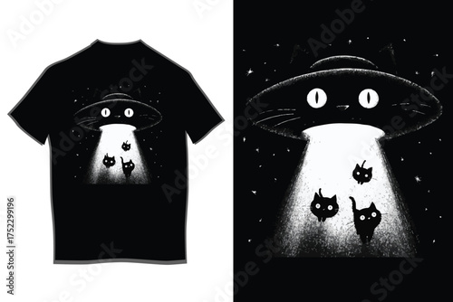 Whimsical black cat ufo abduction design funny t-shirt graphic for sci-fi and cat lovers
