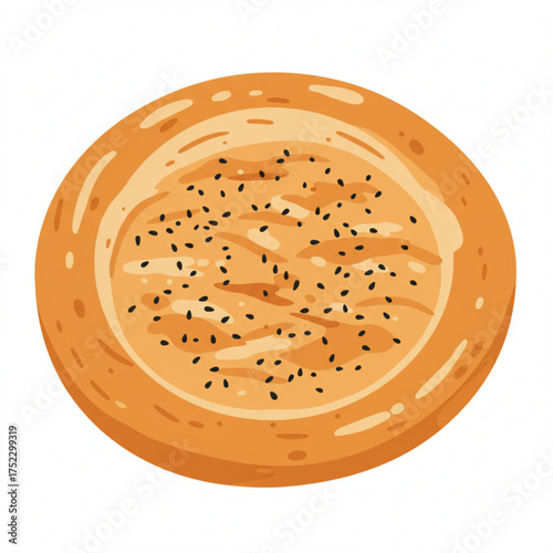 Flatbread with sesame seeds presented in a round shape and warm color  