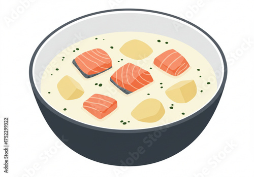 Finnish salmon soup served in a bowl with potatoes and cream  