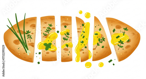 Sliced flatbread topped with herbs and melted butter on white background  