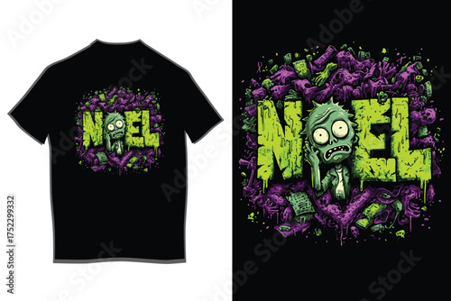 Spooky zombie noel christmas t-shirt design with frighteningly fun green undead character and purple accents