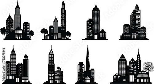 City skyline silhouette, urban landscape illustration, modern architecture, black vector art, skyscraper design, metropolitan view, cityscape graphic, skyline artwork, urban planning